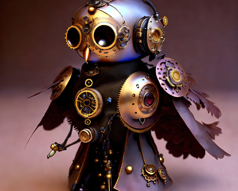 Steampunk-style Owl Sculpture with Mechanical Gears and Metallic Feathers