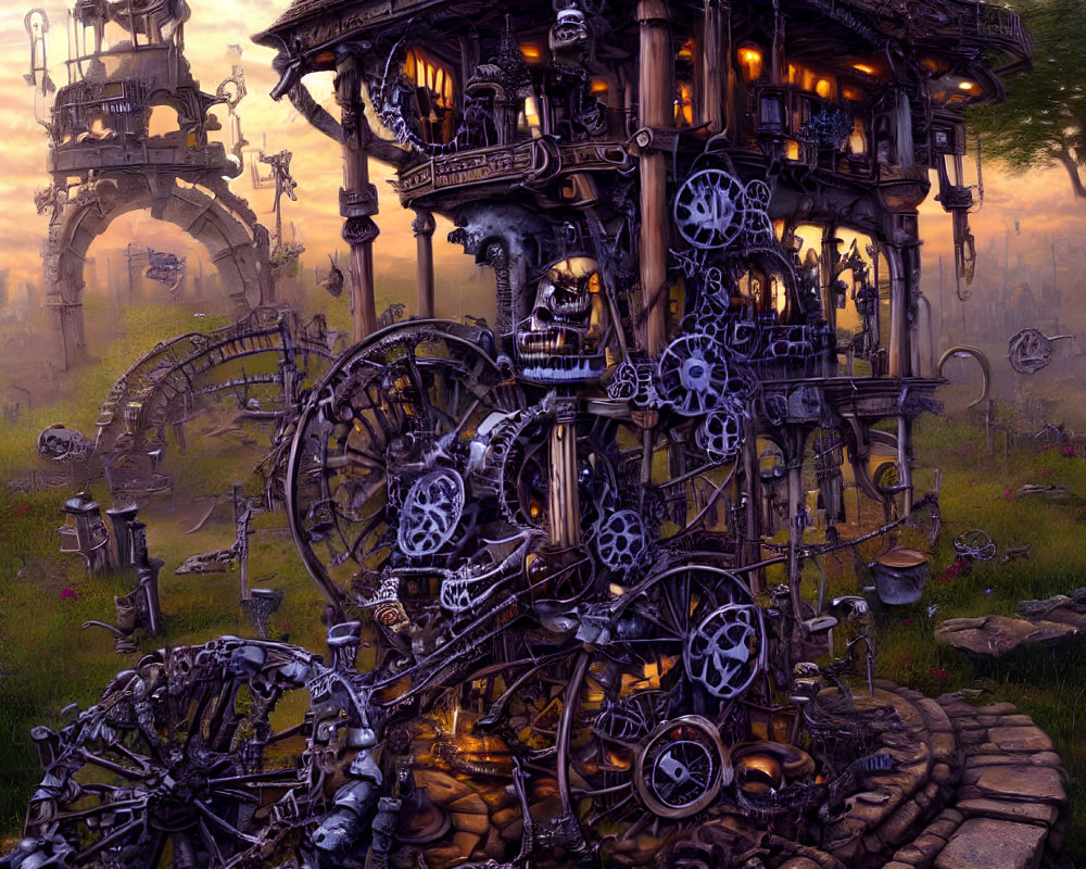 Steampunk house with gears and whimsical structures in dusky sky