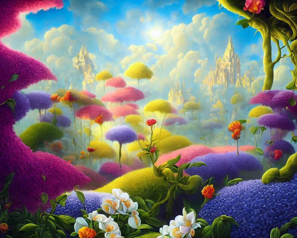 Colorful fantasy landscape with fluffy trees, luminous sky, and distant castle surrounded by lush foliage.