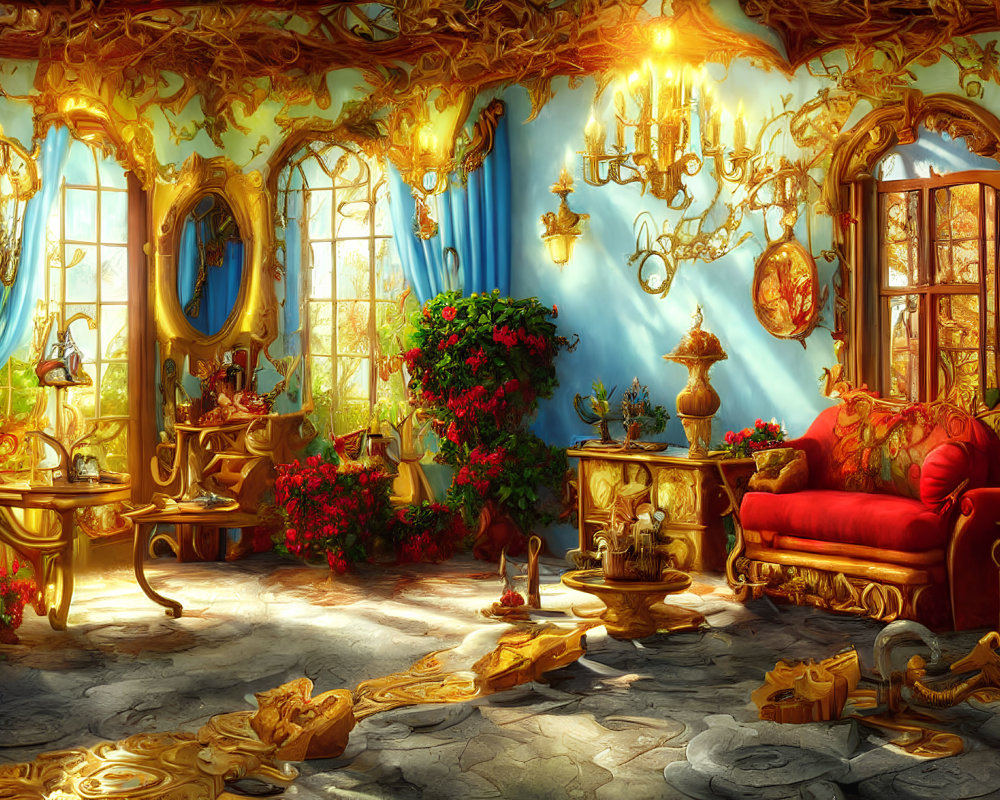 Luxurious Fantasy Room with Golden Accents and Red Couch