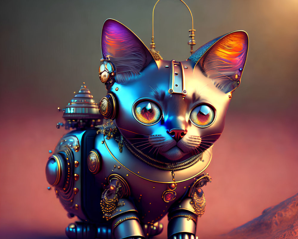 Metallic Steampunk Robotic Cat with Glowing Eyes on Warm Background