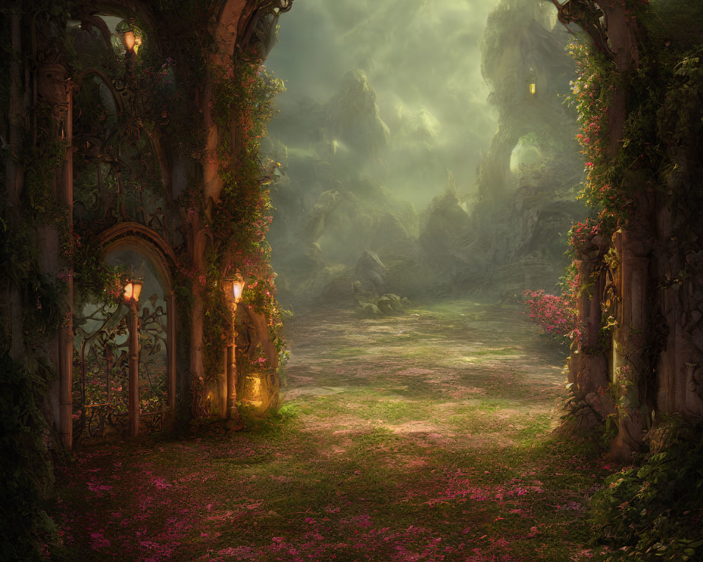 Enchanting garden gate leading to mystical forest path with pink petals, arches, ancient stone,