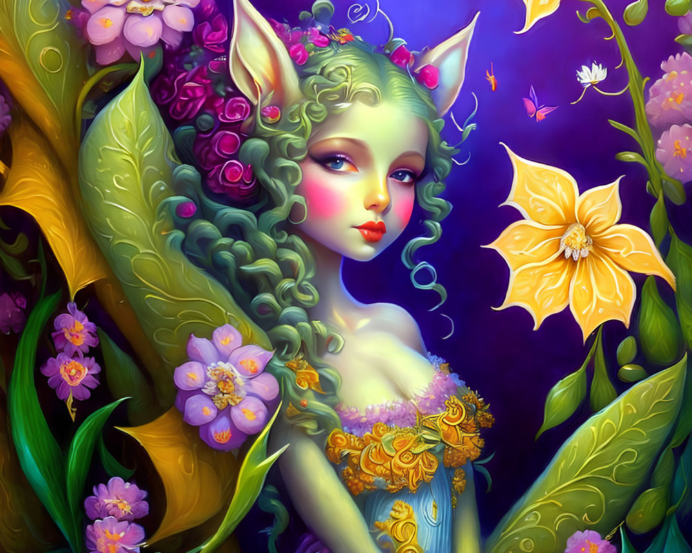 Green-eyed elf with floral hair, surrounded by flowers and butterflies on purple background