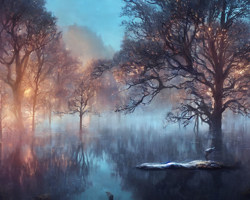 Mystical forest with large trees, mist, water, figure, and bird.