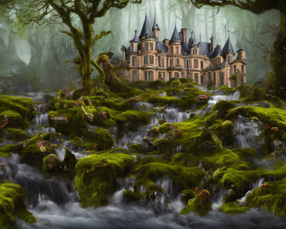 Majestic chateau in moss-covered hills and foggy forest