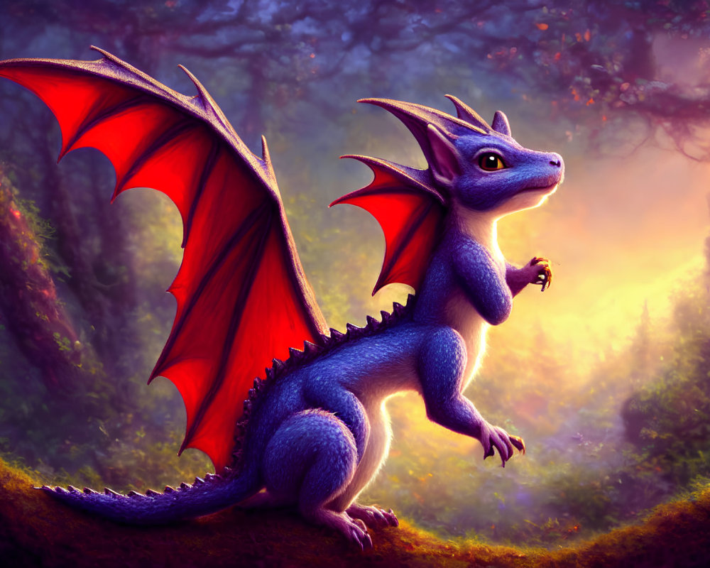 Blue dragon with red wings in mystical forest scene.