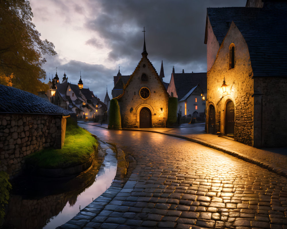 Twilight scene: Cobblestone street, quaint buildings, chapel, and water canal.