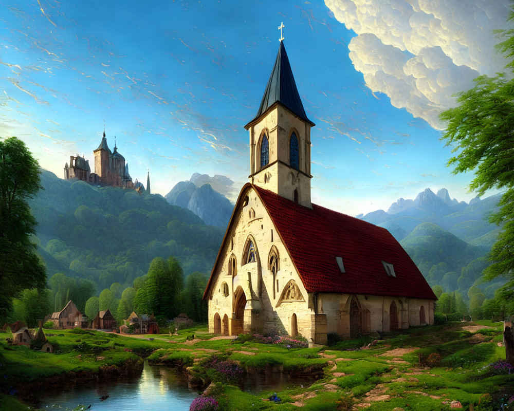 Old church, river, castle, mountains, and sky in scenic landscape.