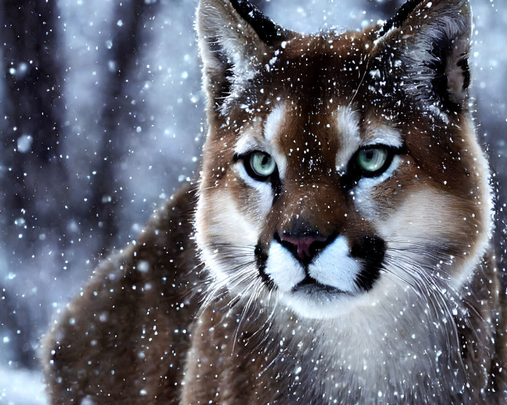 Majestic mountain lion with green eyes in snowy scene