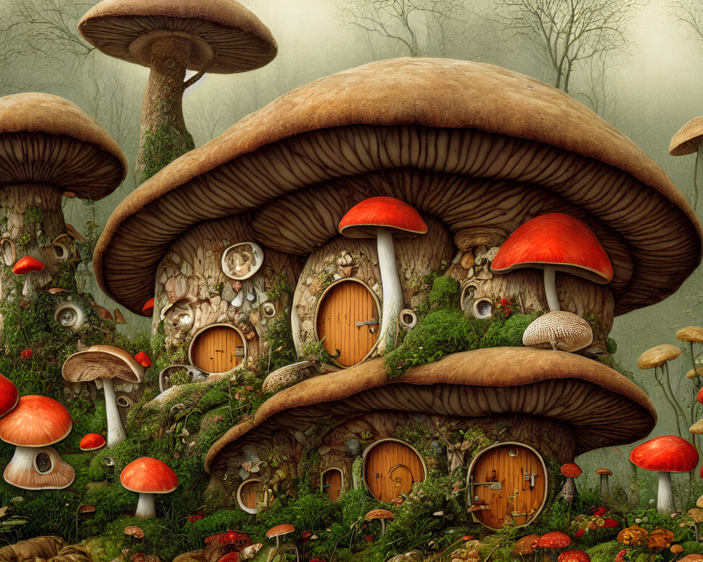 Fantasy village scene with mushroom houses in misty forest