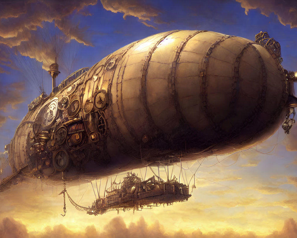 Steampunk-style dirigible with smaller airship in golden sky