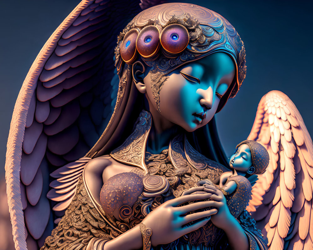 Stylized angelic figures with ornate wings in serene pose