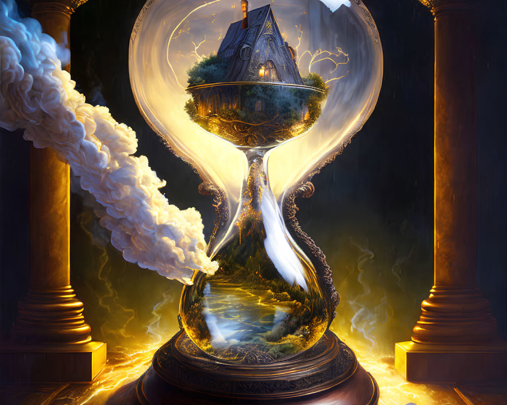 Hourglass with tiny house on island in mystical, glowing scene