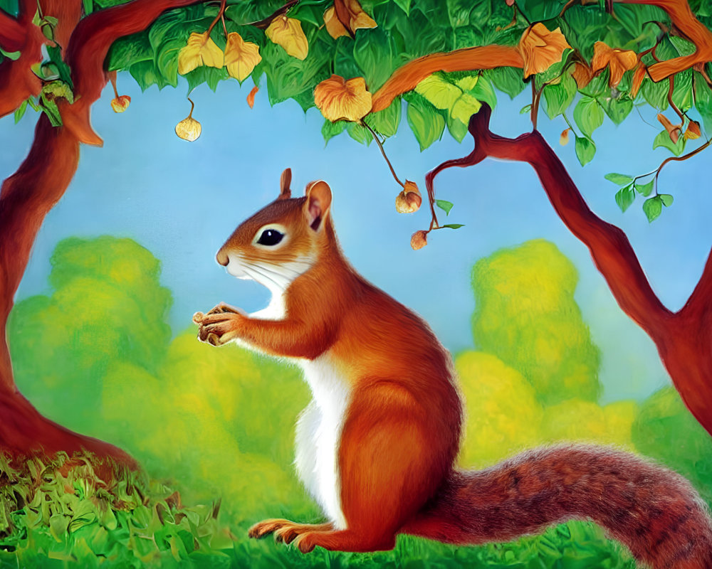 Colorful illustration of plump red squirrel in forest setting