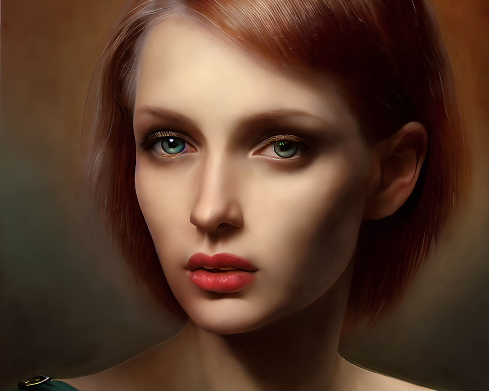 Portrait of woman with auburn hair and green eyes on warm background