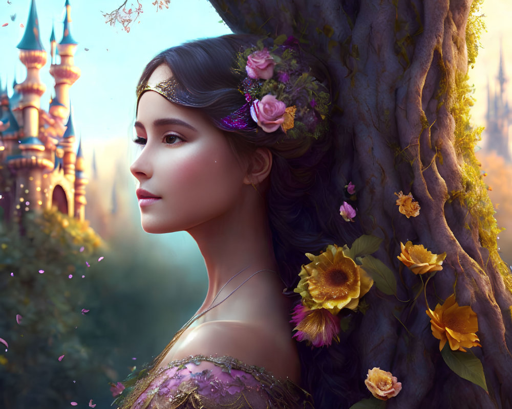 Profile Portrait of Woman with Floral Adornments Merging with Tree and Castle Backdrop