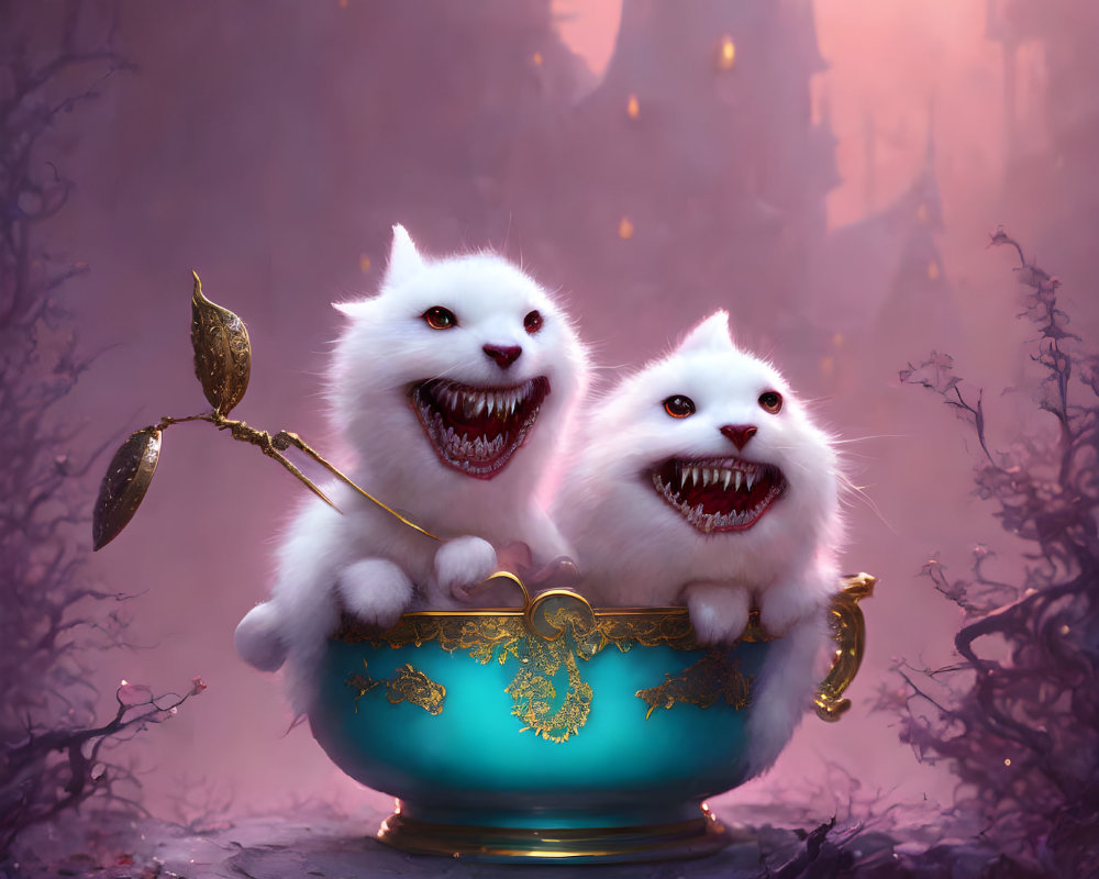 Fantastical white cats in teal bowl with golden spoon, gothic castle background