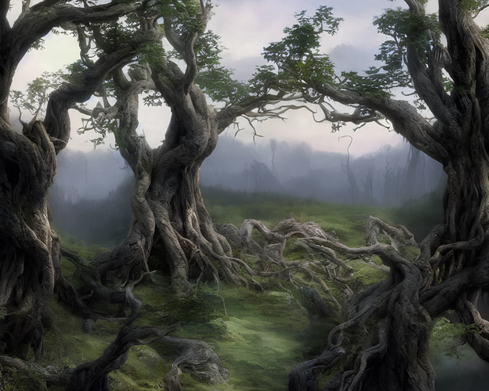 Ethereal forest scene with gnarled trees and misty mountains