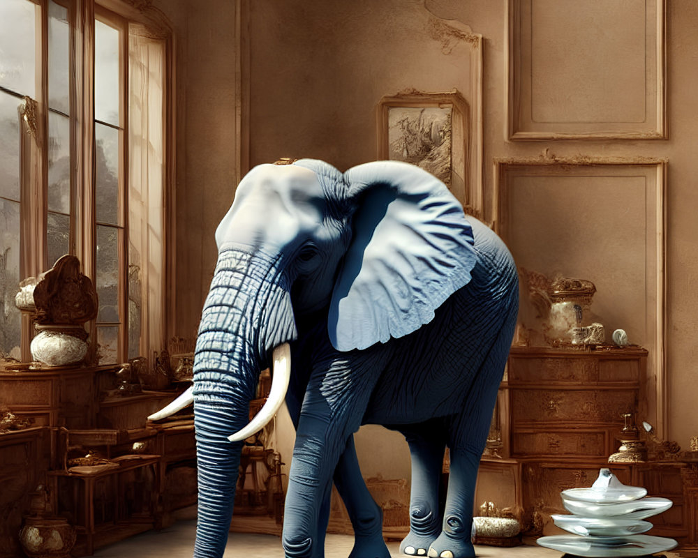 Elephant in classical room with scattered papers and inkwell