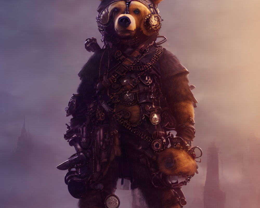 Steampunk bear in goggles on rock with misty city backdrop