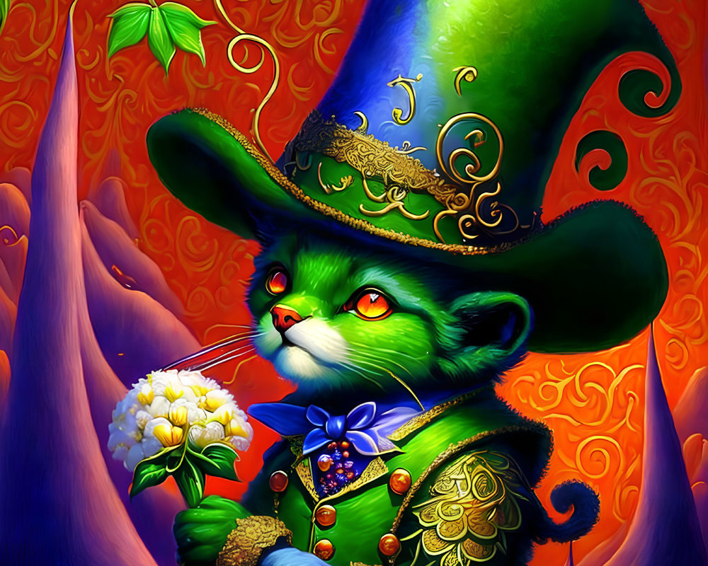 Anthropomorphic Green Cat in Elegant Attire on Fiery Orange Background