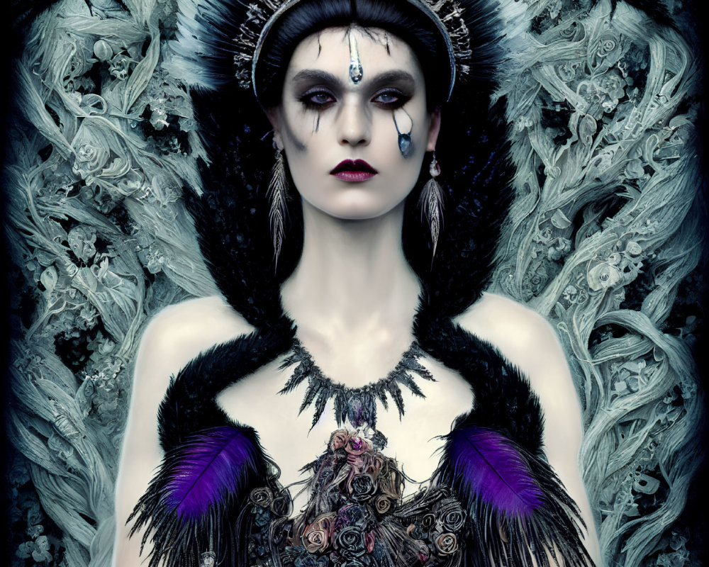 Elaborate costume with feathered headpiece and purple accents on woman against ornate backdrop