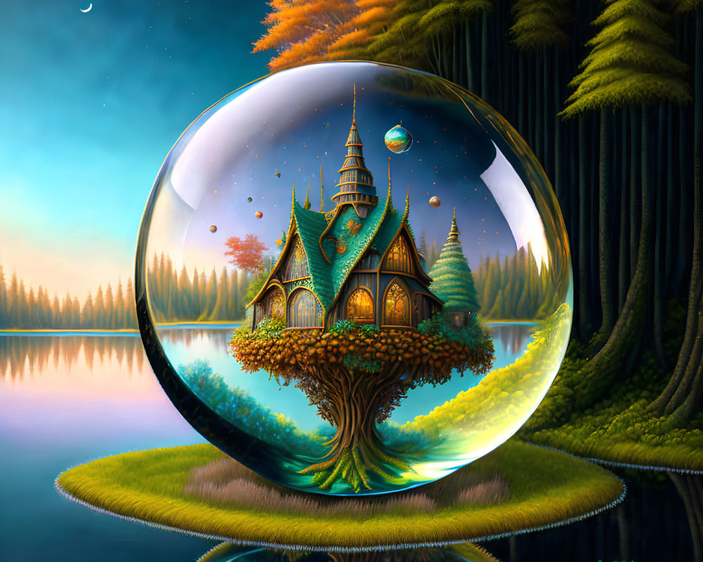 Crystal ball with castle, tree, and forest reflection at twilight