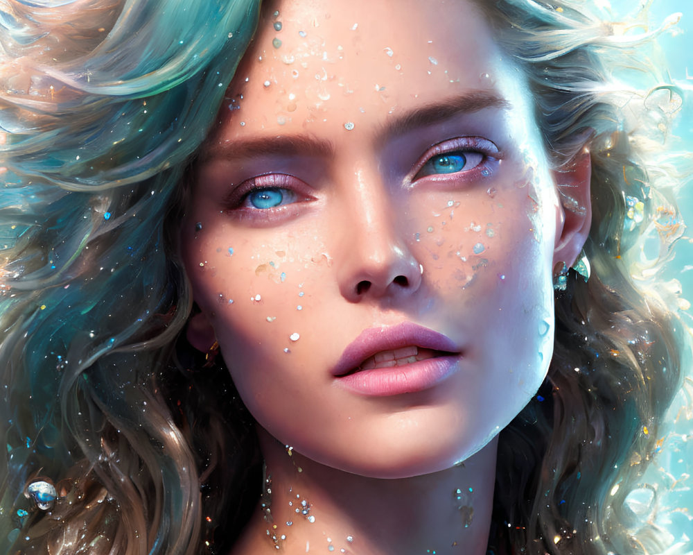 Portrait of woman with blue eyes, tousled hair, and water droplets on skin