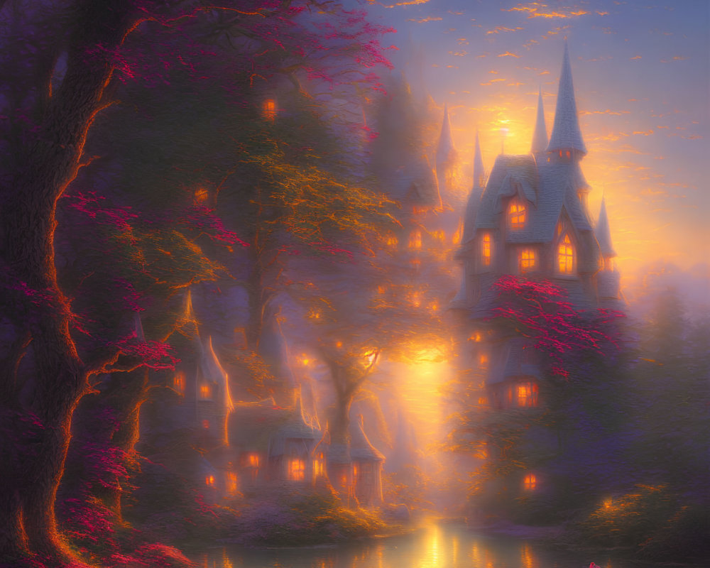 Enchanted forest castle with glowing flora, river, and sunset