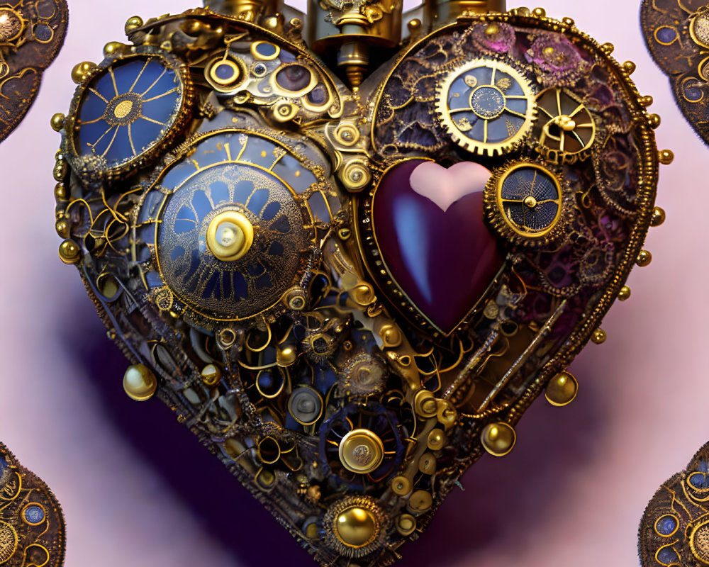 Intricate Steampunk Heart with Gears and Purple Gem on Lavender Background