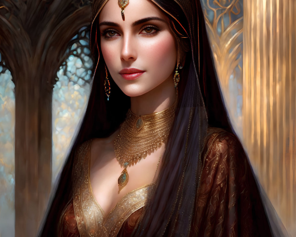 Digital artwork featuring woman with gold jewelry and dark hair against golden backdrop.