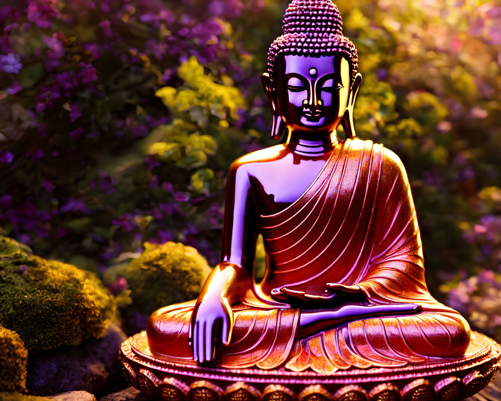 Purple Buddha Statue Meditating in Orange Drapes Amid Flower Garden