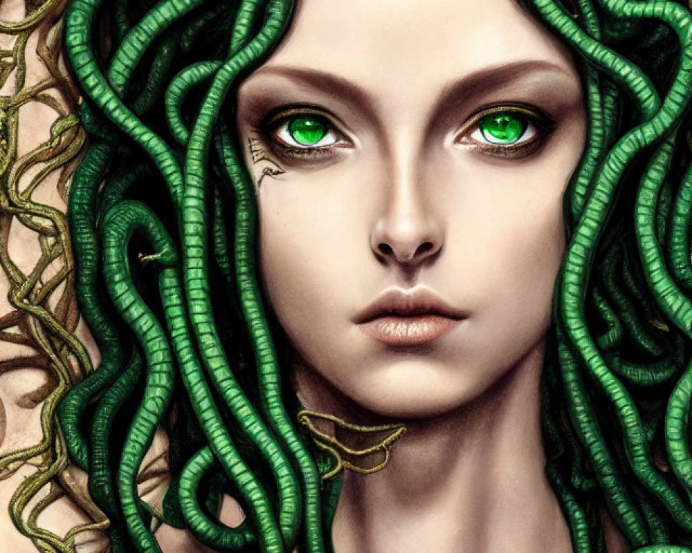 Vibrant green serpents: Medusa illustration on beige background