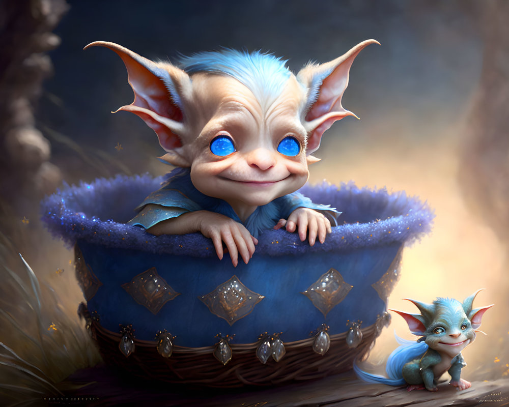 Illustration of cute, blue-eyed gremlin-like creatures in magical forest.