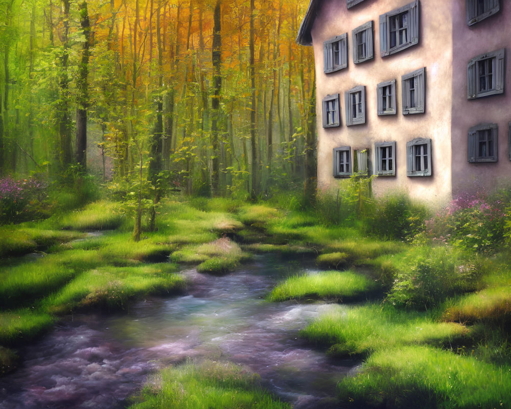 Tranquil stream in vibrant forest with fairytale house