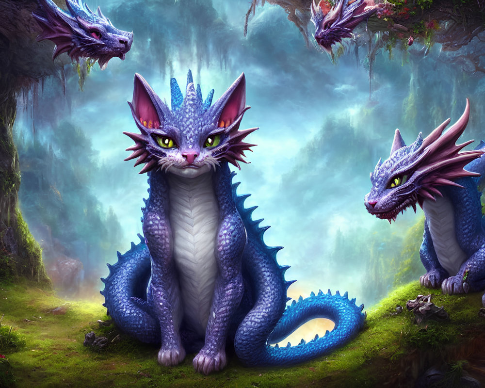 Three Blue and Purple Dragons in Mystical Forest Clearing