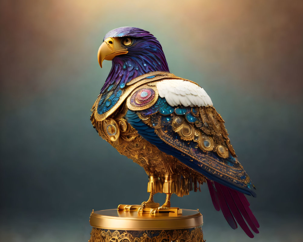 Intricate Mechanical Eagle with Golden Beak and Jeweled Body