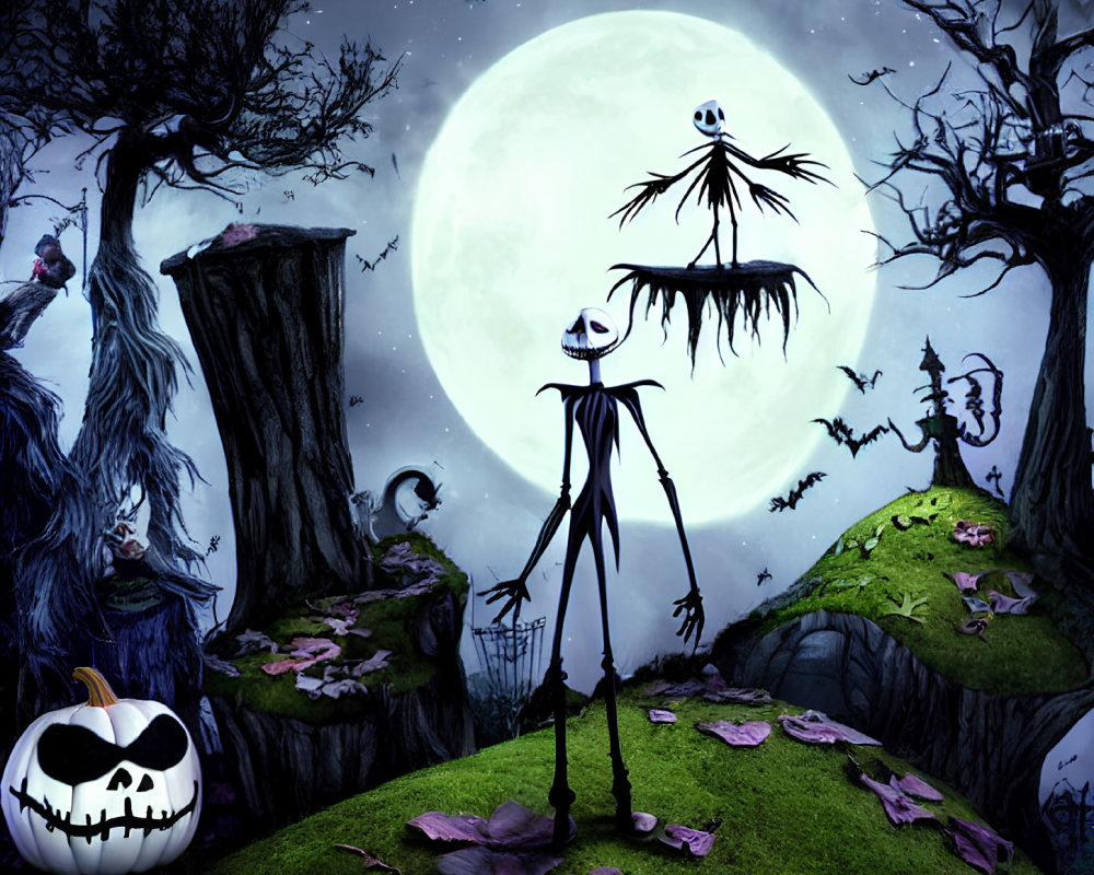 Spooky night scene with Jack Skellington and moon backdrop, eerie trees, bats, jack-o