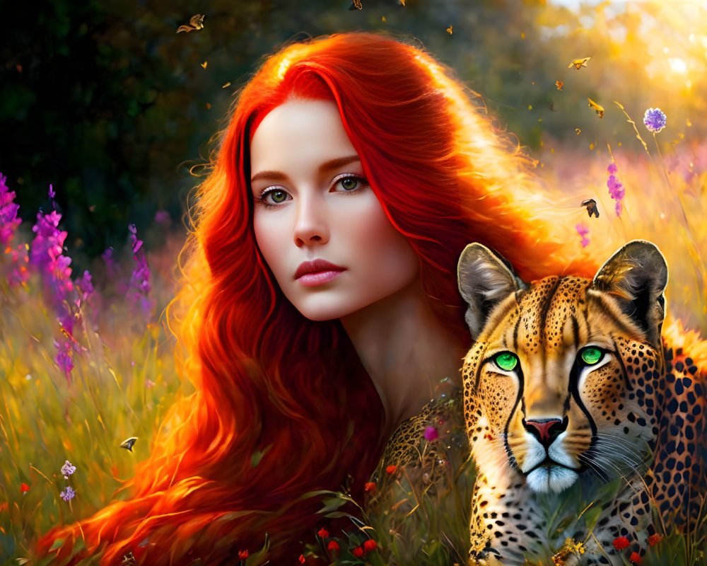 Digital artwork: Woman with red hair & cheetah in vibrant meadow.