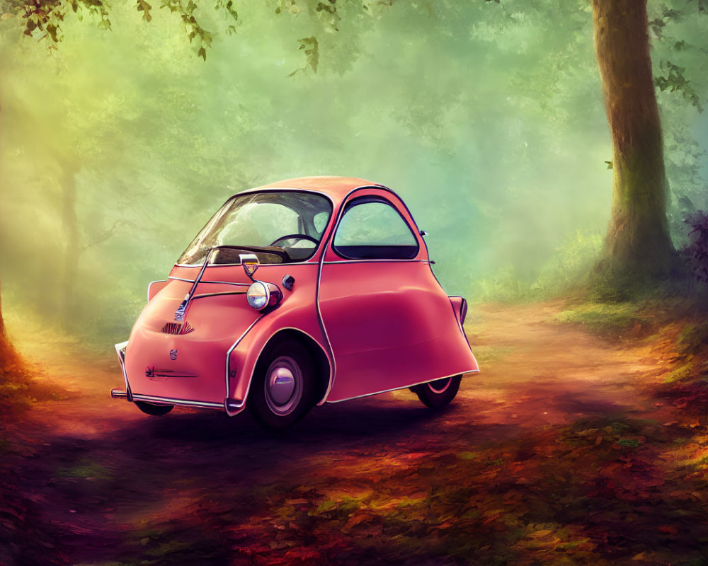 Vintage Pink Microcar Parked on Misty Forest Path