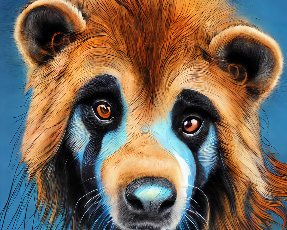 Colorful Bear Illustration with Soulful Eyes on Blue Background