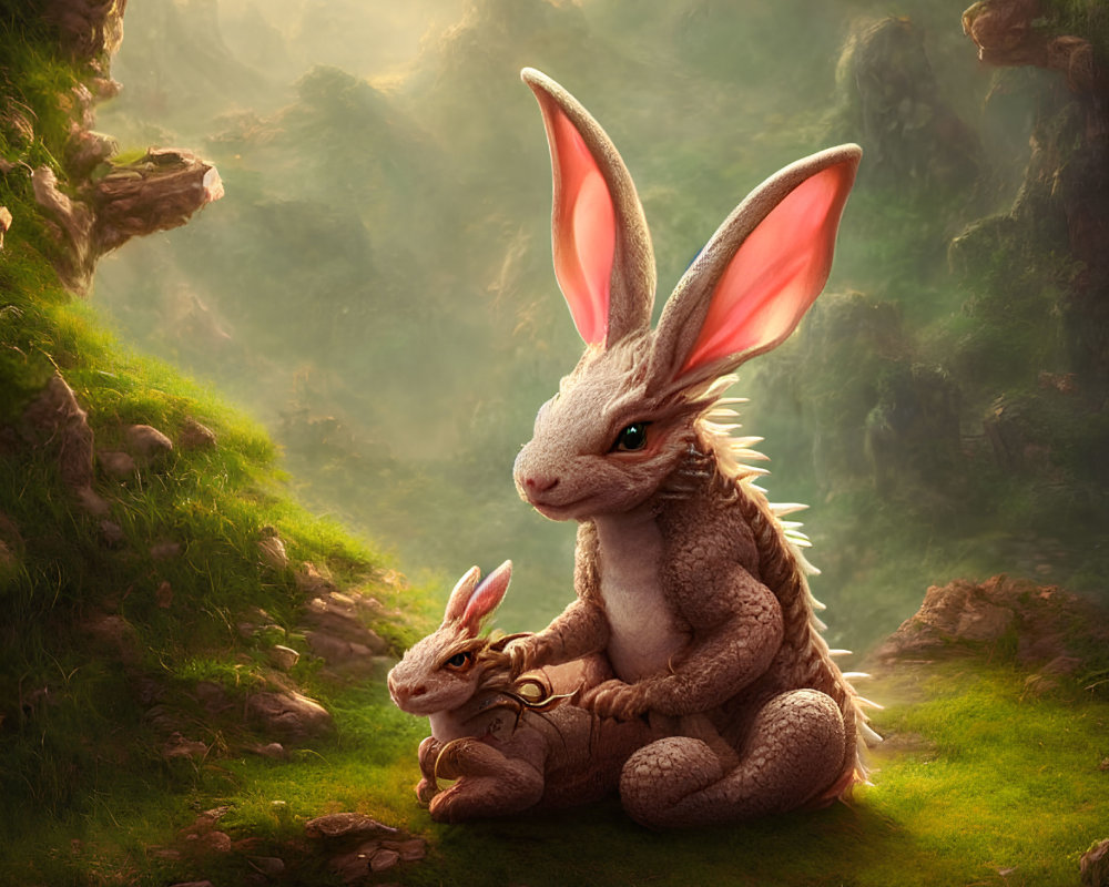 Fantasy image of rabbit-like creatures and dragon in mystical forest