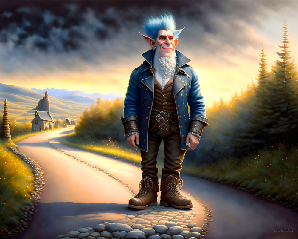 Elderly fantasy gnome on cobblestone road in village at dusk