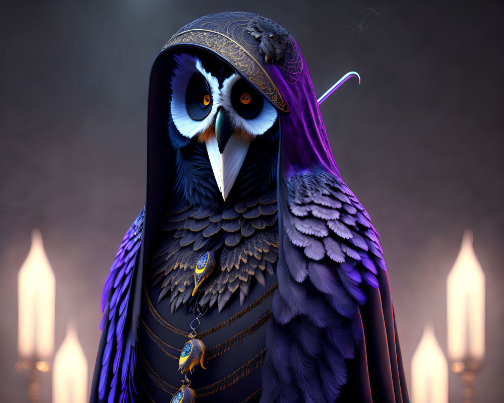 Detailed anthropomorphic owl with ornate headdress and candles