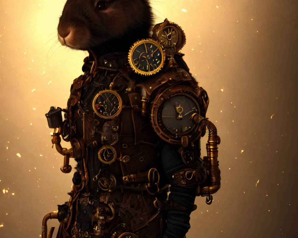 Steampunk rabbit character with clockwork elements in attire on warm backdrop