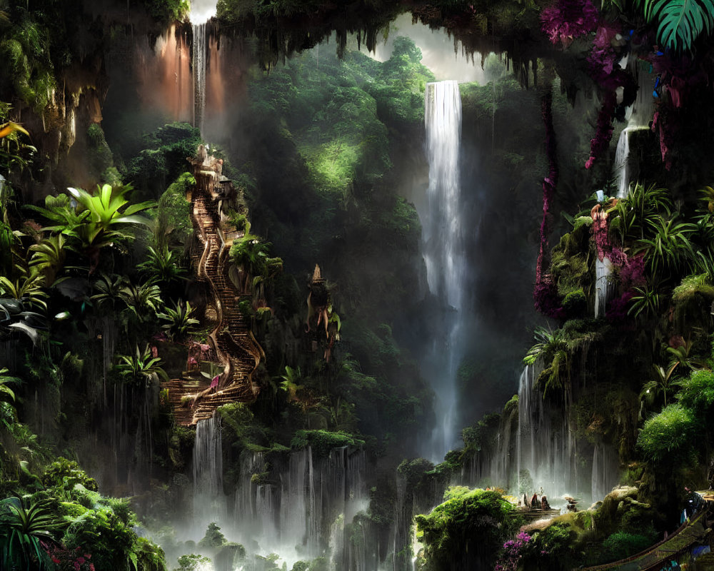 Lush forest with waterfalls, exotic vegetation, and ancient stairs