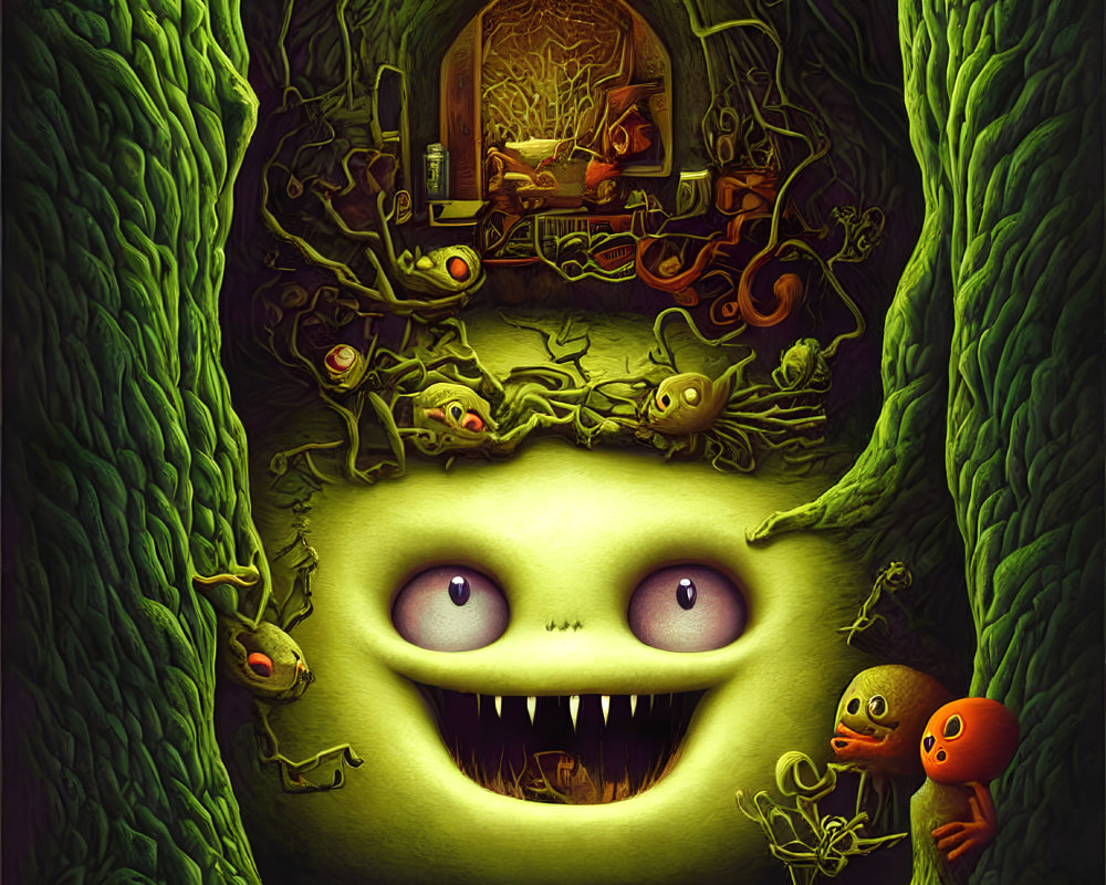 Whimsical illustration of large friendly monster face with cavern mouth, surrounded by creatures and greenery