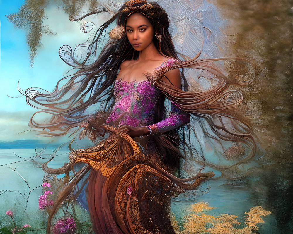 Fantastical woman in ornate dress by serene water and flowers