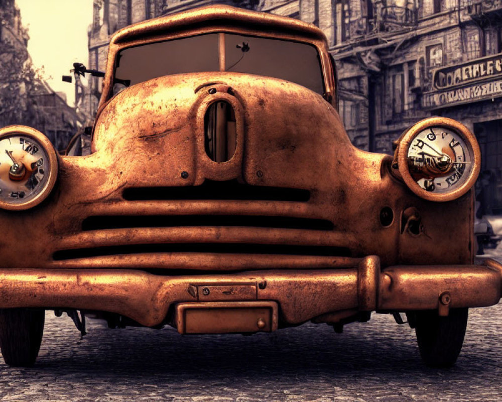 Rusty car with clock headlights in vintage city street