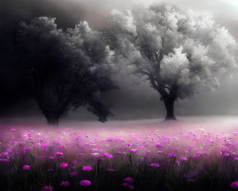 Mystical landscape with silhouetted trees and purple flowers